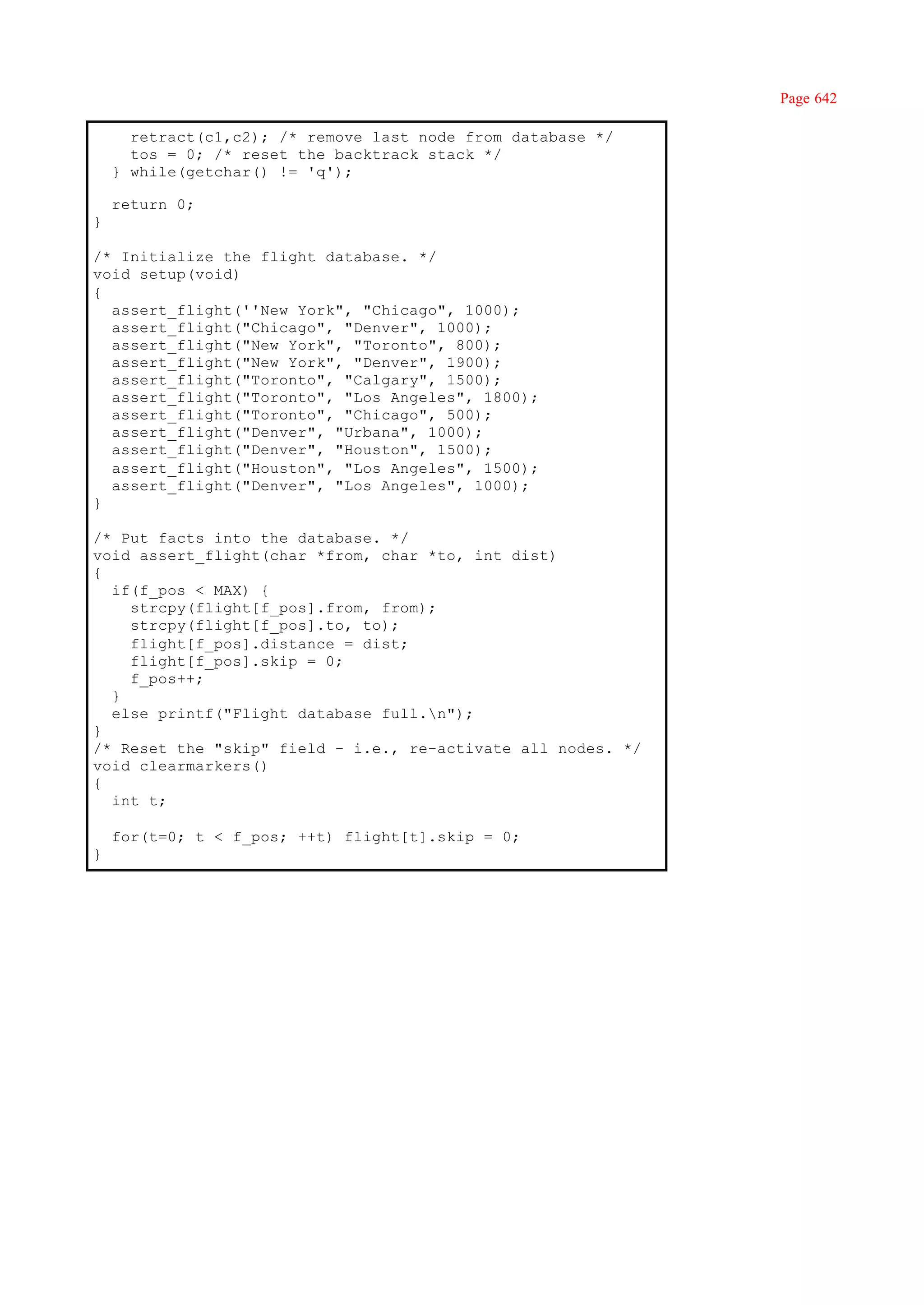 Page 642

      retract(c1,c2); /* remove last node from database */
      tos = 0; /* reset the backtrack stack */
    } while(getchar() != 'q');

    return 0;
}

/* Initialize the flight database. */
void setup(void)
{
  assert_flight(''New York", "Chicago", 1000);
  assert_flight("Chicago", "Denver", 1000);
  assert_flight("New York", "Toronto", 800);
  assert_flight("New York", "Denver", 1900);
  assert_flight("Toronto", "Calgary", 1500);
  assert_flight("Toronto", "Los Angeles", 1800);
  assert_flight("Toronto", "Chicago", 500);
  assert_flight("Denver", "Urbana", 1000);
  assert_flight("Denver", "Houston", 1500);
  assert_flight("Houston", "Los Angeles", 1500);
  assert_flight("Denver", "Los Angeles", 1000);
}

/* Put facts into the database. */
void assert_flight(char *from, char *to, int dist)
{
  if(f_pos < MAX) {
    strcpy(flight[f_pos].from, from);
    strcpy(flight[f_pos].to, to);
    flight[f_pos].distance = dist;
    flight[f_pos].skip = 0;
    f_pos++;
  }
  else printf("Flight database full.n");
}
/* Reset the "skip" field - i.e., re-activate all nodes. */
void clearmarkers()
{
  int t;

    for(t=0; t < f_pos; ++t) flight[t].skip = 0;
}
 