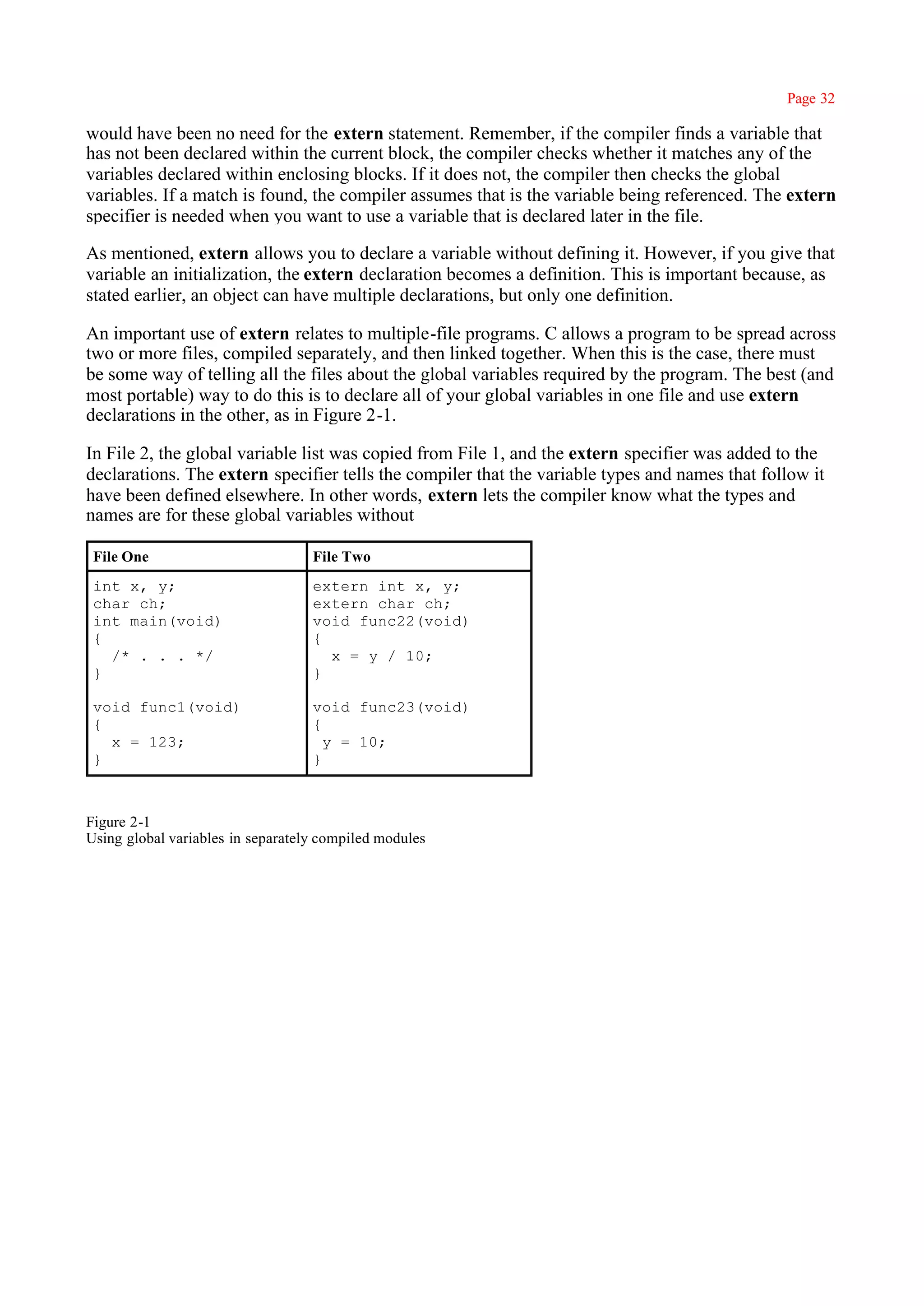 Page 32

would have been no need for the extern statement. Remember, if the compiler finds a variable that
has not been declared within the current block, the compiler checks whether it matches any of the
variables declared within enclosing blocks. If it does not, the compiler then checks the global
variables. If a match is found, the compiler assumes that is the variable being referenced. The extern
specifier is needed when you want to use a variable that is declared later in the file.

As mentioned, extern allows you to declare a variable without defining it. However, if you give that
variable an initialization, the extern declaration becomes a definition. This is important because, as
stated earlier, an object can have multiple declarations, but only one definition.

An important use of extern relates to multiple-file programs. C allows a program to be spread across
two or more files, compiled separately, and then linked together. When this is the case, there must
be some way of telling all the files about the global variables required by the program. The best (and
most portable) way to do this is to declare all of your global variables in one file and use extern
declarations in the other, as in Figure 2-1.

In File 2, the global variable list was copied from File 1, and the extern specifier was added to the
declarations. The extern specifier tells the compiler that the variable types and names that follow it
have been defined elsewhere. In other words, extern lets the compiler know what the types and
names are for these global variables without

 File One                          File Two
 int x, y;                         extern int x, y;
 char ch;                          extern char ch;
 int main(void)                    void func22(void)
 {                                 {
   /* . . . */                       x = y / 10;
 }                                 }

 void func1(void)                  void func23(void)
 {                                 {
   x = 123;                          y = 10;
 }                                 }



Figure 2-1
Using global variables in separately compiled modules
 