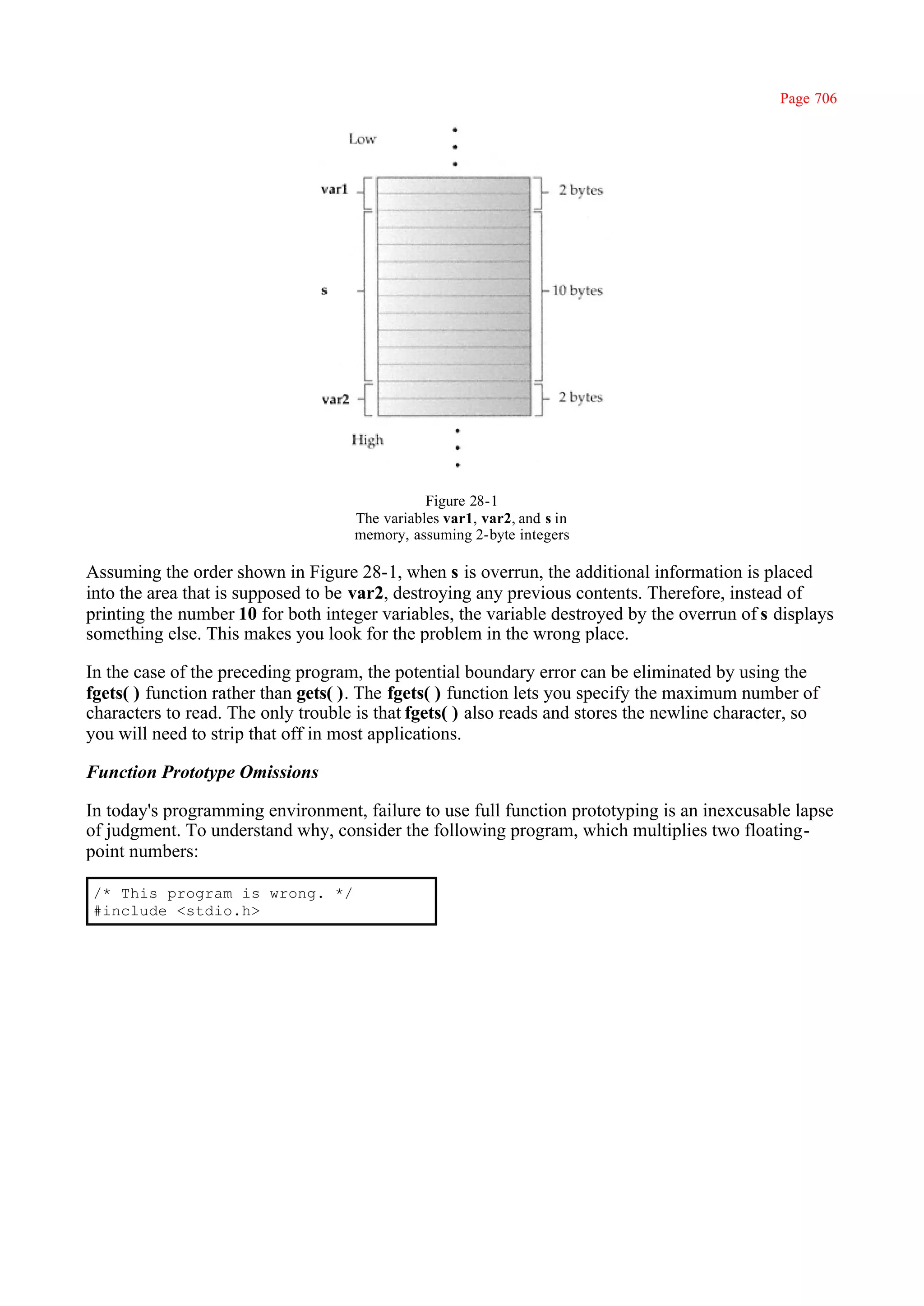 Page 706




                                                Figure 28-1
                                     The variables var1, var2, and s in
                                     memory, assuming 2-byte integers

Assuming the order shown in Figure 28-1, when s is overrun, the additional information is placed
into the area that is supposed to be var2, destroying any previous contents. Therefore, instead of
printing the number 10 for both integer variables, the variable destroyed by the overrun of s displays
something else. This makes you look for the problem in the wrong place.

In the case of the preceding program, the potential boundary error can be eliminated by using the
fgets( ) function rather than gets( ). The fgets( ) function lets you specify the maximum number of
characters to read. The only trouble is that fgets( ) also reads and stores the newline character, so
you will need to strip that off in most applications.

Function Prototype Omissions

In today's programming environment, failure to use full function prototyping is an inexcusable lapse
of judgment. To understand why, consider the following program, which multiplies two floating-
point numbers:

/* This program is wrong. */
#include <stdio.h>
 