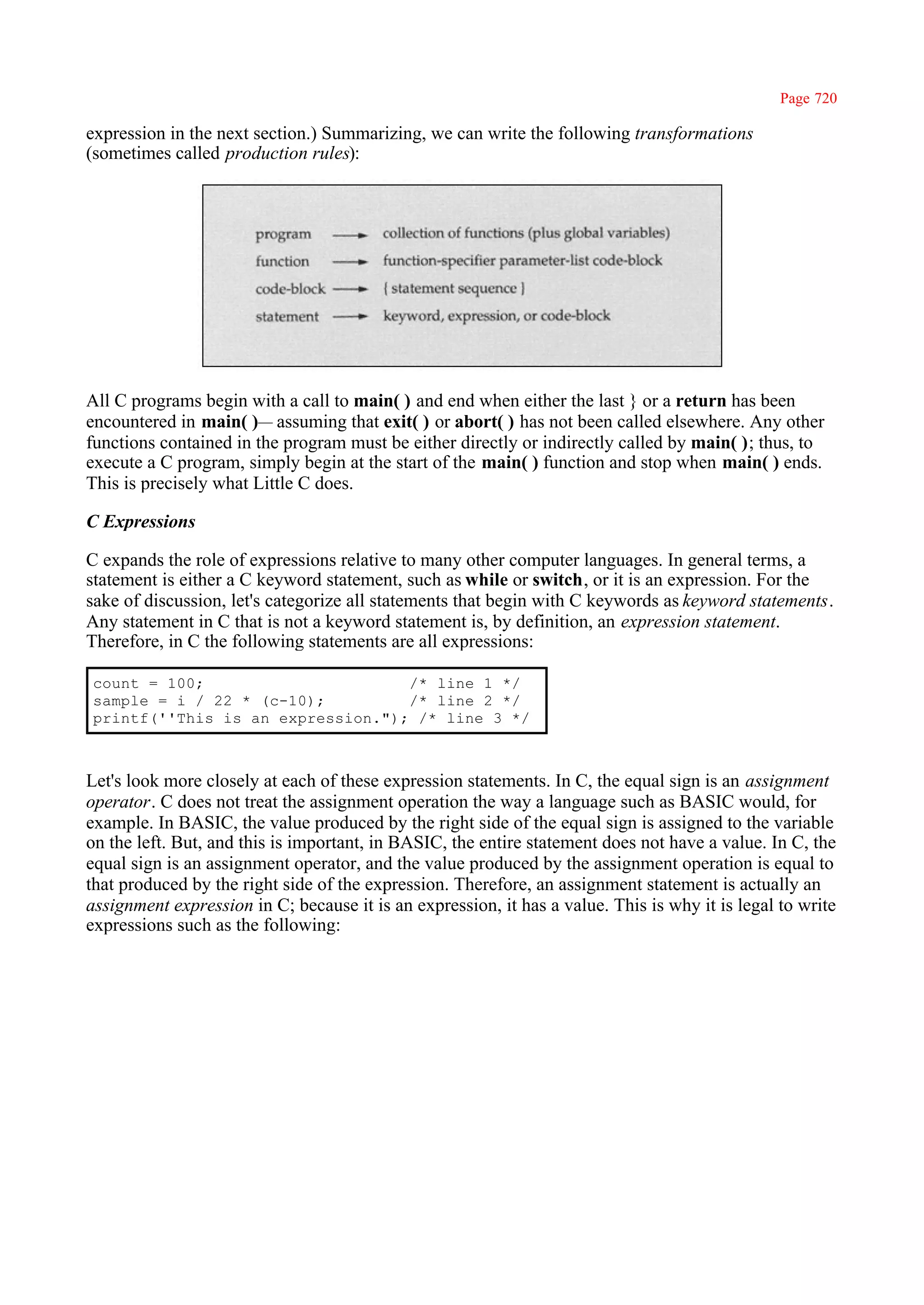 Page 720

expression in the next section.) Summarizing, we can write the following transformations
(sometimes called production rules):




All C programs begin with a call to main( ) and end when either the last } or a return has been
encountered in main( )— assuming that exit( ) or abort( ) has not been called elsewhere. Any other
functions contained in the program must be either directly or indirectly called by main( ); thus, to
execute a C program, simply begin at the start of the main( ) function and stop when main( ) ends.
This is precisely what Little C does.

C Expressions

C expands the role of expressions relative to many other computer languages. In general terms, a
statement is either a C keyword statement, such as while or switch, or it is an expression. For the
sake of discussion, let's categorize all statements that begin with C keywords as keyword statements.
Any statement in C that is not a keyword statement is, by definition, an expression statement.
Therefore, in C the following statements are all expressions:

count = 100;                      /* line 1 */
sample = i / 22 * (c-10);         /* line 2 */
printf(''This is an expression."); /* line 3 */



Let's look more closely at each of these expression statements. In C, the equal sign is an assignment
operator. C does not treat the assignment operation the way a language such as BASIC would, for
example. In BASIC, the value produced by the right side of the equal sign is assigned to the variable
on the left. But, and this is important, in BASIC, the entire statement does not have a value. In C, the
equal sign is an assignment operator, and the value produced by the assignment operation is equal to
that produced by the right side of the expression. Therefore, an assignment statement is actually an
assignment expression in C; because it is an expression, it has a value. This is why it is legal to write
expressions such as the following:
 