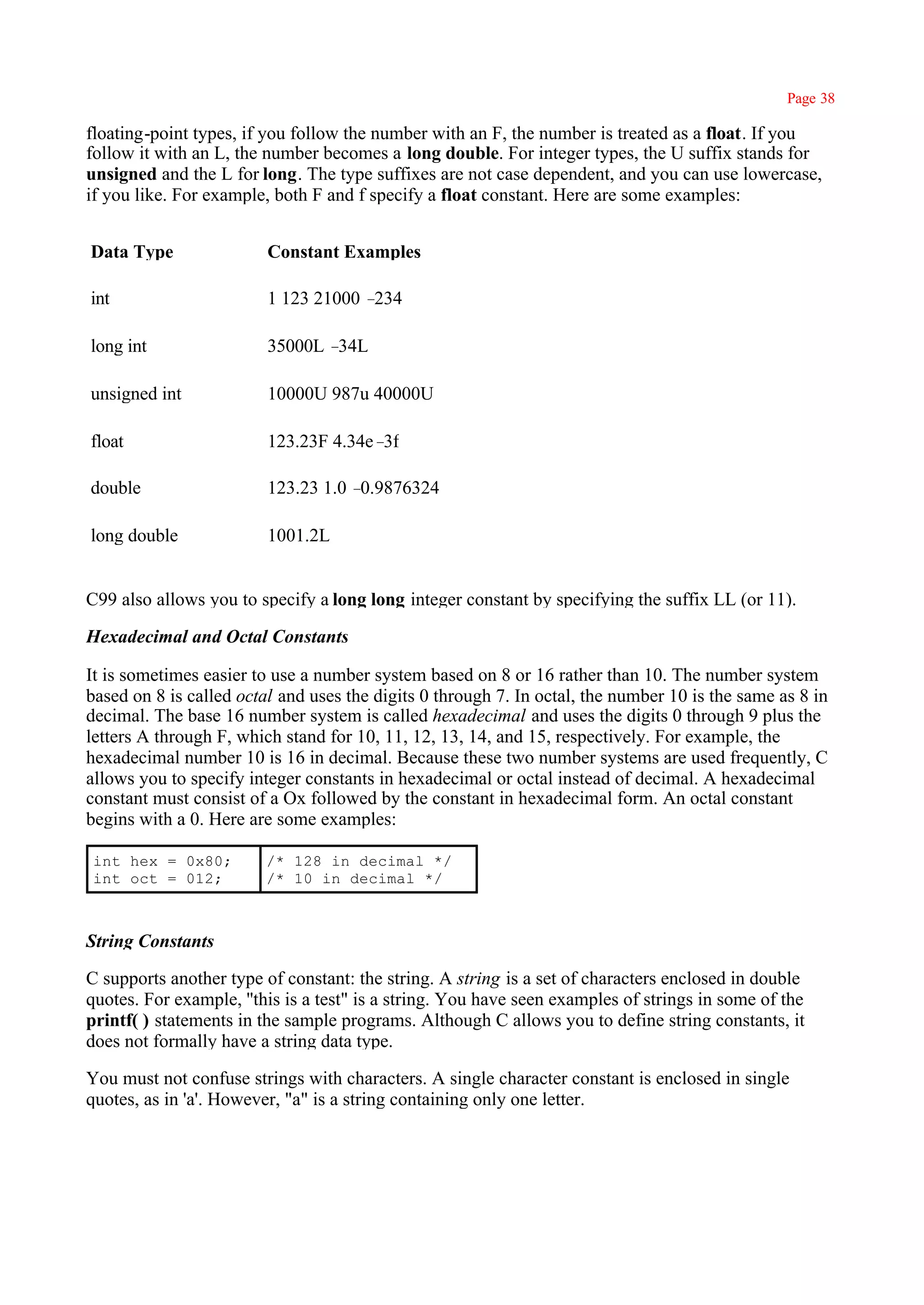 Page 38

floating-point types, if you follow the number with an F, the number is treated as a float. If you
follow it with an L, the number becomes a long double. For integer types, the U suffix stands for
unsigned and the L for long. The type suffixes are not case dependent, and you can use lowercase,
if you like. For example, both F and f specify a float constant. Here are some examples:


Data Type                Constant Examples

int                      1 123 21000 –234

long int                 35000L –34L

unsigned int             10000U 987u 40000U

float                    123.23F 4.34e–3f

double                   123.23 1.0 –0.9876324

long double              1001.2L


C99 also allows you to specify a long long integer constant by specifying the suffix LL (or 11).

Hexadecimal and Octal Constants

It is sometimes easier to use a number system based on 8 or 16 rather than 10. The number system
based on 8 is called octal and uses the digits 0 through 7. In octal, the number 10 is the same as 8 in
decimal. The base 16 number system is called hexadecimal and uses the digits 0 through 9 plus the
letters A through F, which stand for 10, 11, 12, 13, 14, and 15, respectively. For example, the
hexadecimal number 10 is 16 in decimal. Because these two number systems are used frequently, C
allows you to specify integer constants in hexadecimal or octal instead of decimal. A hexadecimal
constant must consist of a Ox followed by the constant in hexadecimal form. An octal constant
begins with a 0. Here are some examples:

int hex = 0x80;          /* 128 in decimal */
int oct = 012;           /* 10 in decimal */



String Constants

C supports another type of constant: the string. A string is a set of characters enclosed in double
quotes. For example, ''this is a test" is a string. You have seen examples of strings in some of the
printf( ) statements in the sample programs. Although C allows you to define string constants, it
does not formally have a string data type.

You must not confuse strings with characters. A single character constant is enclosed in single
quotes, as in 'a'. However, "a" is a string containing only one letter.
 