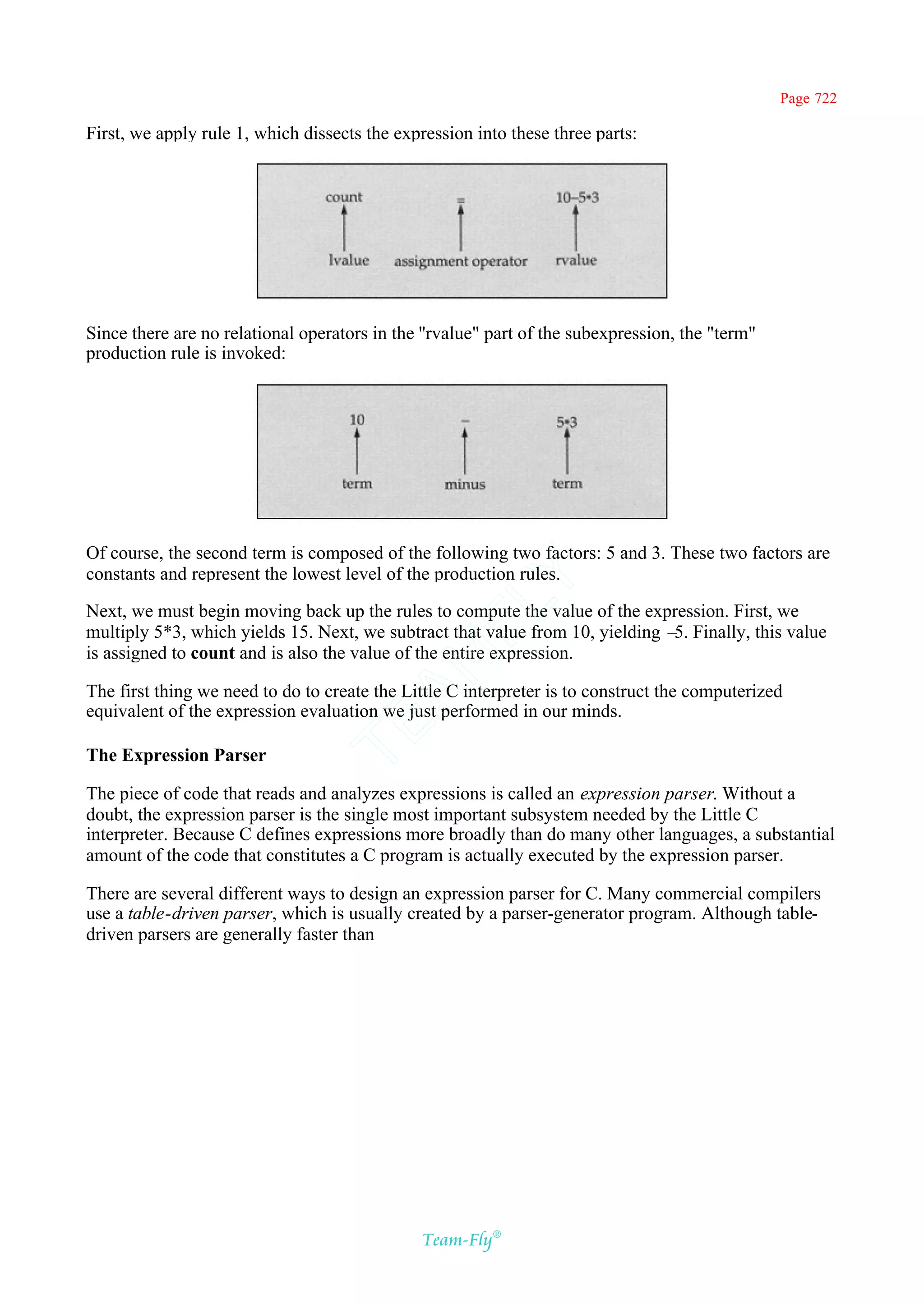 Page 722

First, we apply rule 1, which dissects the expression into these three parts:




Since there are no relational operators in the ''rvalue" part of the subexpression, the "term"
production rule is invoked:




Of course, the second term is composed of the following two factors: 5 and 3. These two factors are
constants and represent the lowest level of the production rules.
                                            Y
                                          FL
Next, we must begin moving back up the rules to compute the value of the expression. First, we
multiply 5*3, which yields 15. Next, we subtract that value from 10, yielding – Finally, this value
                                                                               5.
is assigned to count and is also the value of the entire expression.
                                        AM



The first thing we need to do to create the Little C interpreter is to construct the computerized
equivalent of the expression evaluation we just performed in our minds.
                                TE




The Expression Parser

The piece of code that reads and analyzes expressions is called an expression parser. Without a
doubt, the expression parser is the single most important subsystem needed by the Little C
interpreter. Because C defines expressions more broadly than do many other languages, a substantial
amount of the code that constitutes a C program is actually executed by the expression parser.

There are several different ways to design an expression parser for C. Many commercial compilers
use a table-driven parser, which is usually created by a parser-generator program. Although table-
driven parsers are generally faster than




                                               Team-Fly®
 