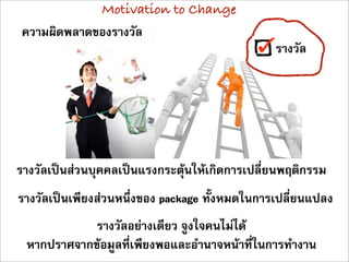 Motivation to Change
ความผิดพลาดของรางวัล
                                                รางวัล




รางวัลเปนสวนบุคคลเปนแรงกระตุนใหเกิดการเปลี่ยนพฤติกรรม
รางวัลเปนเพียงสวนหนึ่งของ package ทั้งหมดในการเปลี่ยนแปลง
            รางวัลอยางเดียว จูงใจคนไมได
 หากปราศจากขอมูลที่เพียงพอและอำนาจหนาที่ในการทำงาน
 