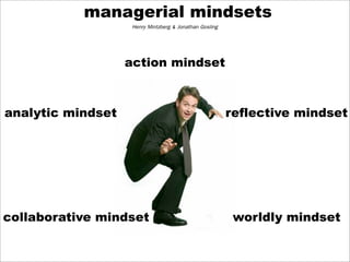 managerial mindsets
                    Henry Mintzberg & Jonathan Gosling



                   action mindset



analytic mindset                                         reflective mindset




collaborative mindset                                     worldly mindset
 