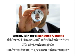 Worldly Mindset: Managing Context
ทำใหตระหนักถึงวัฒนธรรมและสังคมที่จำเปนสำหรับการทำงาน
             ใหมีประสิทธิภาพในเศรษฐกิจโลก
มองเห็นความตางของธุรกิจ อุตสาหกรรม เขาใจบริบทขององคกร
 