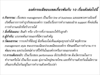 องคกรจะมีขอบเขตเกี่ยวพันกับ 10 เรื่องดังตอไปนี้
6.กิจกรรม: เรื่องของ management เปนเรื่อง line of business และผลพวงทางออมที่
  เกิดขึ้นจากการทำธุรกิจขององคกร รวมถึงเรื่องการทำงานของฝาย support ที่หลอลื่น
  การทำงานหลักที่สรางรายได
7.สิ่งที่สงมอบ: สินคา หรือ บริการที่เราจะมอบใหกับลูกคา
8.ผูกำกับ: แรงกดดันภายนอกที่มีความสำคัญ
9.วัฒนธรรม: รากเหงาที่ฝงอยู มือที่มองไมเห็นแตคุมทุกอยางได พฤติกรรม
  management style ขนบธรรมเนียมประเพณีขององคกร ทัศนคติในการทำงาน การ
  พัฒนาคน ผลประโยชนตางๆที่ใหกันในองคกรหรือภายนอกองคกร
10.การเตนระบำ: เปนเรื่องของ performance มีประสิทธิภาพ มีนวัตกรรมในการ
  ทำงานหรือไม เปนเรื่อง scale มุงงานใหญขนาดไหน และที่ทำงานดวยกันนั้นมีความ
  เห็นอกเห็นใจกันอยูในการทำงานดวยหรือเปลา 
 