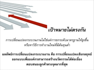 เปาหมายไมตรงกัน
  การเปลี่ยนแปลงกระบวนงานไมใชแคการยกระดับมาตรฐานใหสูงขึ้น
               หรือหาวิธีการทำงานใหมที่มีตนทุนต่ำ

ผลลัพธการเปลี่ยนแปลงกระบวนงาน คือ การเปลี่ยนแปลงเชิงกลยุทธ
      ออกแบบเพื่อองคกรสามารถสรางนวัตกรรมไดตอเนื่อง
                 ตอบสนองลูกคาตรงจุดมากที่สุด
 