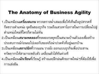 The Anatomy of Business Agility
1.เปนเหมือนเครื่องสแกน ตรวจตราสม่ำเสมอเพื่อใหเห็นถึงอุปสรรคที่
 กีดขวางตำแหนง จุดยืนของธุรกิจ รวมถึงแสวงหาโอกาสในการเปลี่ยนไปสู
 ตำแหนงใหมที่ใครก็ตามไมทัน
2.เปนเหมือนสนามทดลองที่ทดลองกลยุทธในสนามบานตัวเองเพื่อสราง
 ประสบการณกอนจะไปเจอกับของจริงนาปวดหัวที่อยูนอกบาน
3.เปนเหมือนสถาปนิกที่วางแผน วางผัง ออกแบบธุรกิจเพื่อประสาน
 ทรัพยากรใหสามารถขยับตัว เคลื่อนตัวไดทันทวงที
4.เปนเหมือนนักเรียนที่เรียนรู สรางและฝกฝนศักยภาพใหมๆที่ตองใชเพื่อ
 การแขงขัน
 
