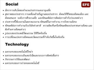 Social                                                                EFE
• อัตราการเติบโตของจำนวนประชากรและอายุเฉลี่ย
• สุขภาพของประชากร การเคลื่อนยายถิ่นฐานของประชากร  สังคมวิถีชีวิตของสังคมเมือง และ
  สังคมชนบท  ระดับการศึกษาเฉลี่ย  และทัศนคติตอการติดตอการคากับประเทศตางๆ 
• ประชากรที่ใชแรงงานในตลาดแรงงาน ทัศนคติในการทำงาน การรักความอิสระ 
• ทัศนคติตอการทำงานกับบริษัทตางชาติ   ความคิดเห็นหรือทัศนคติของประชาชนทางสังคม และ
  ขอหามทางสังคมตางๆ
• รูปแบบของประเพณีวัฒนธรรม วิถีชีวิตทองถิ่น
• การเปลี่ยนแปลงทางสังคมและวัฒนธรรมที่กำลังเกิดขึ้นในทองถิ่น

    Technology
•   ผลกระทบของเทคโนโลยีใหมๆ 
•   ผลกระทบของระบบอินเตอรเน็ตและระบบการติดตอสื่อสาร
•   กิจกรรมการวิจัยและพัฒนา
•   ผลกระทบของการถายทอดเทคโนโลยี 
 