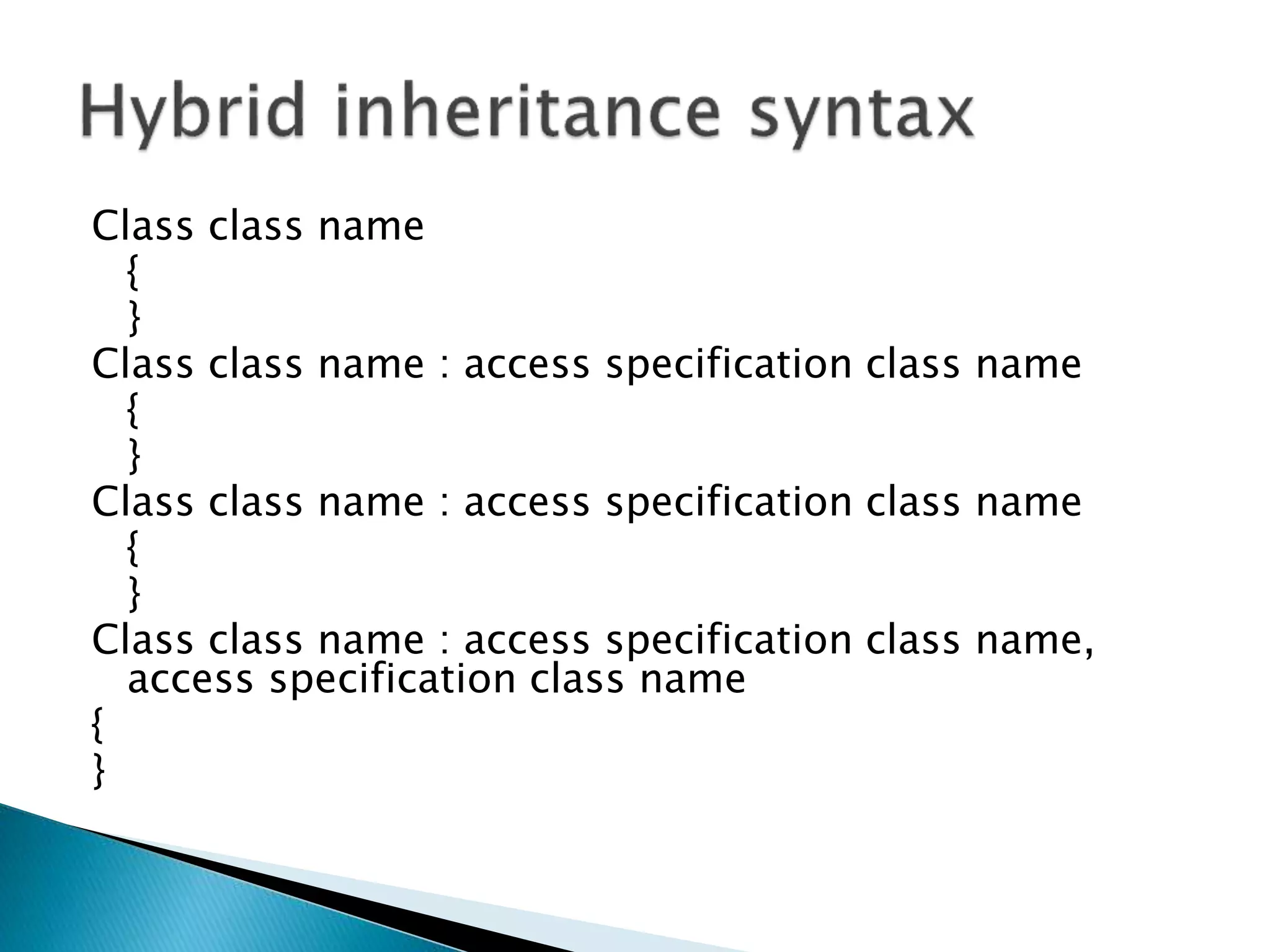 Class class name
{
}
Class class name : access specification class name
{
}
Class class name : access specification class name
{
}
Class class name : access specification class name,
access specification class name
{
}
 