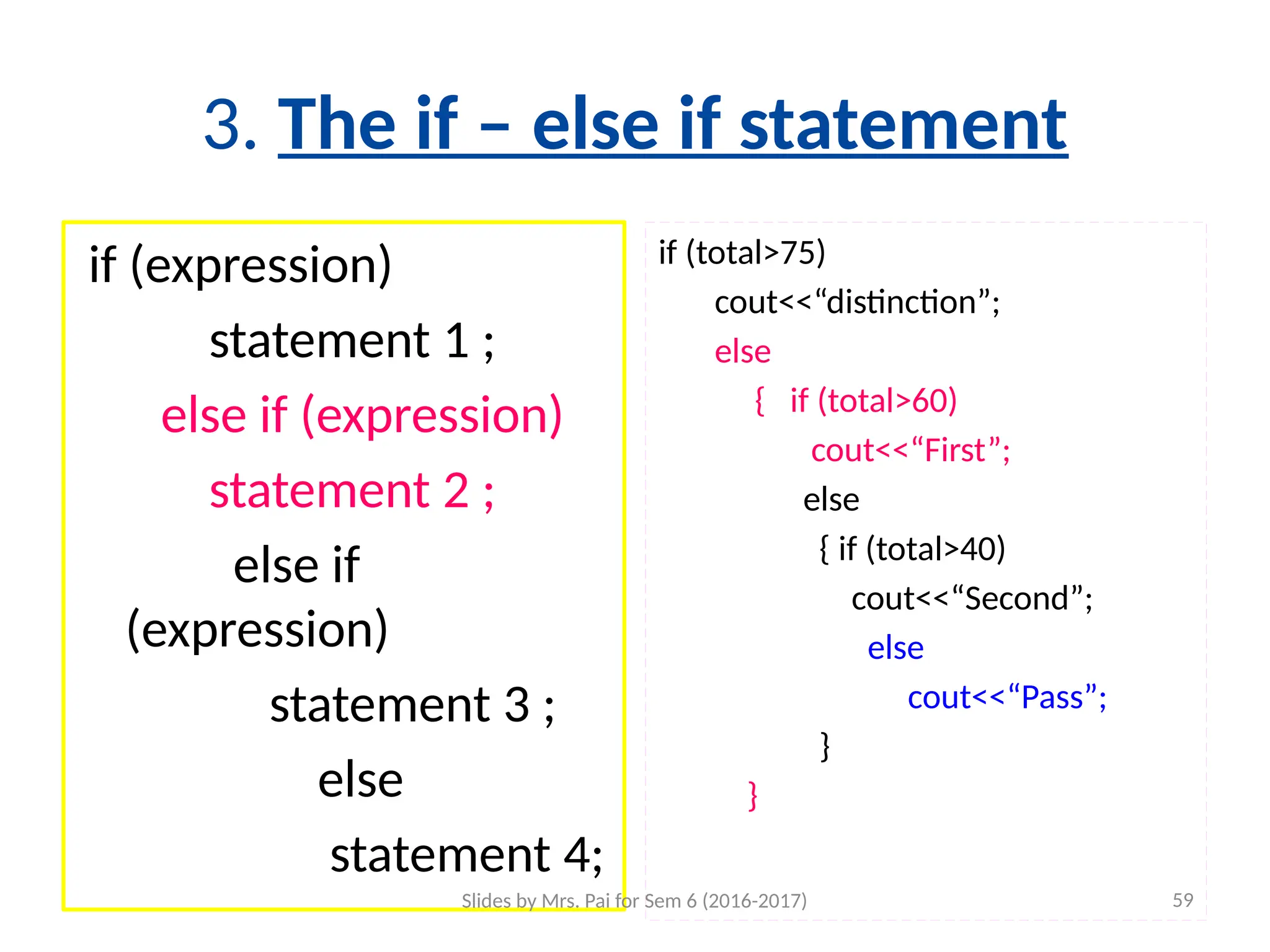 3. The if – else if statement
if (expression)
statement 1 ;
else if (expression)
statement 2 ;
else if
(expression)
statement 3 ;
else
statement 4;
if (total>75)
cout<<“distinction”;
else
{ if (total>60)
cout<<“First”;
else
{ if (total>40)
cout<<“Second”;
else
cout<<“Pass”;
}
}
Slides by Mrs. Pai for Sem 6 (2016-2017) 59
 