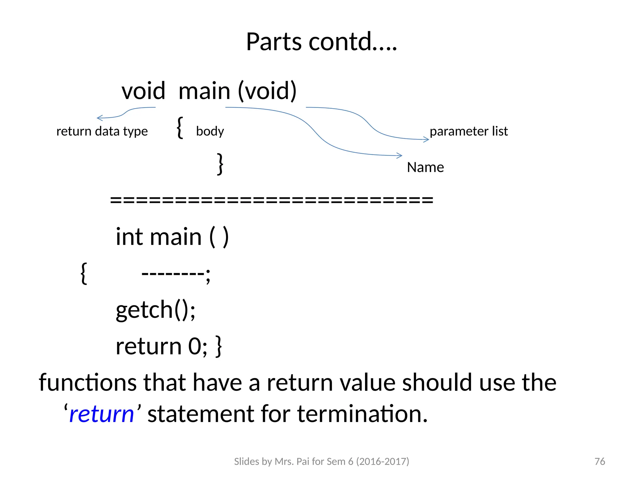 Slides by Mrs. Pai for Sem 6 (2016-2017) 76
Parts contd….
void main (void)
return data type { body parameter list
} Name
=========================
int main ( )
{ --------;
getch();
return 0; }
functions that have a return value should use the
‘return’ statement for termination.
 