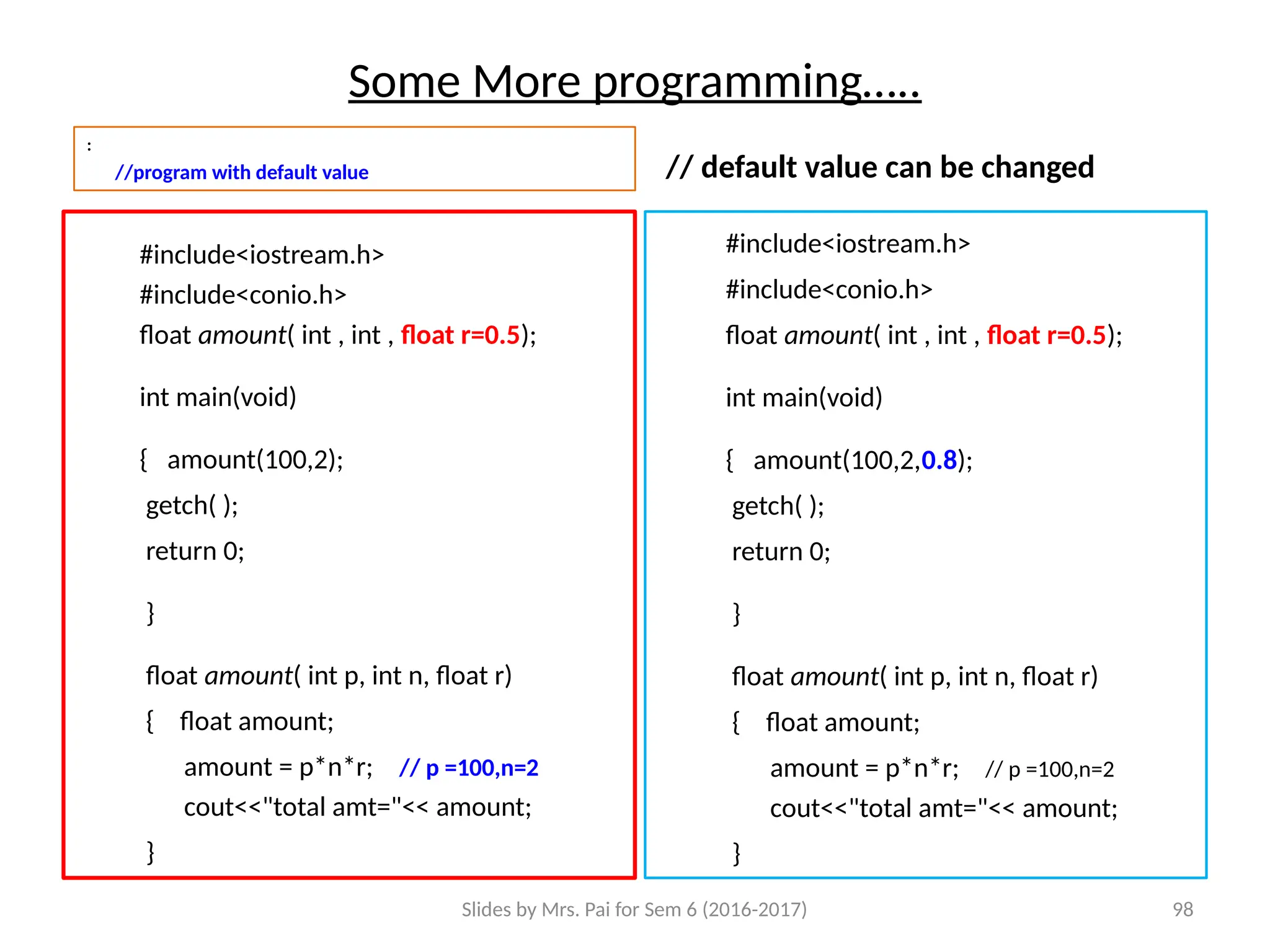 Slides by Mrs. Pai for Sem 6 (2016-2017) 98
Some More programming…..
:
//program with default value
#include<iostream.h>
#include<conio.h>
float amount( int , int , float r=0.5);
int main(void)
{ amount(100,2);
getch( );
return 0;
}
float amount( int p, int n, float r)
{ float amount;
amount = p*n*r; // p =100,n=2
cout<<"total amt="<< amount;
}
// default value can be changed
#include<iostream.h>
#include<conio.h>
float amount( int , int , float r=0.5);
int main(void)
{ amount(100,2,0.8);
getch( );
return 0;
}
float amount( int p, int n, float r)
{ float amount;
amount = p*n*r; // p =100,n=2
cout<<"total amt="<< amount;
}
 