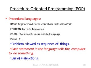 Slides by Mrs. Pai for Sem 6 (2016-2017) 102
Procedure Oriented Programming (POP)
• Procedural languages:
BASIC :Beginner’s All-purpose Symbolic Instruction Code
FORTRAN: Formula Translation
COBOL : Common Business oriented language
Pascal , C …..
•Problem viewed as sequence of things.
•Each statement in the language tells the computer
to do something.
•List of instructions.
 
