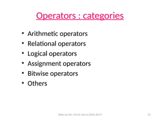 Slides by Mrs. Pai for Sem 6 (2016-2017) 23
Operators : categories
• Arithmetic operators
• Relational operators
• Logical operators
• Assignment operators
• Bitwise operators
• Others
 