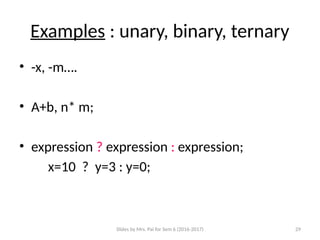 Slides by Mrs. Pai for Sem 6 (2016-2017) 29
Examples : unary, binary, ternary
• -x, -m….
• A+b, n* m;
• expression ? expression : expression;
x=10 ? y=3 : y=0;
 