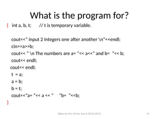 Slides by Mrs. Pai for Sem 6 (2016-2017) 47
What is the program for?
{ int a, b, t; // t is temporary variable.
cout<<” input 2 integers one after another n”<<endl;
cin>>a>>b;
cout<< “ n The numbers are a= “<< a<<” and b= “<< b;
cout<< endl;
cout<< endl;
t = a;
a = b;
b = t;
cout<<“a= “<< a << “ “b= “<<b;
}
 