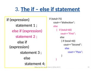 3. The if – else if statement
if (expression)
statement 1 ;
else if (expression)
statement 2 ;
else if
(expression)
statement 3 ;
else
statement 4;
if (total>75)
cout<<“distinction”;
else
{ if (total>60)
cout<<“First”;
else
{ if (total>40)
cout<<“Second”;
else
cout<<“Pass”;
}
}
Slides by Mrs. Pai for Sem 6 (2016-2017) 59
 