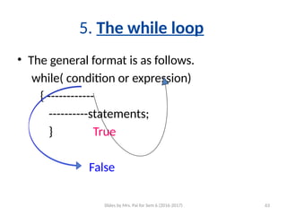 Slides by Mrs. Pai for Sem 6 (2016-2017) 63
5. The while loop
• The general format is as follows.
while( condition or expression)
{ ------------
----------statements;
} True
False
 