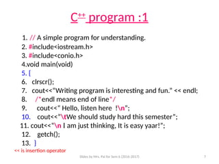 Slides by Mrs. Pai for Sem 6 (2016-2017) 7
C++
program :1
1. // A simple program for understanding.
2. #include<iostream.h>
3. #include<conio.h>
4.void main(void)
5. {
6. clrscr();
7. cout<<“Writing program is interesting and fun.” << endl;
8. /*endl means end of line*/
9. cout<<“ Hello, listen here !n”;
10. cout<<“tWe should study hard this semester”;
11. cout<<“n I am just thinking, It is easy yaar!”;
12. getch();
13. }
<< is insertion operator
 