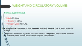 WEIGHT AND CIRCULATORY VOLUME
NORMAL BLOOD VOLUME
 Infant :80 mL/kg,
 1-3 years :75 mL/kg,
 over age 3 years: 70 mL/kg.
• Cardiovascular differences – CO is mediated primarily by heart rate, in adults by stroke
volume.
• Therefore, Children with significant blood loss develop tachycardia, which can be sustained
for a variable period of time before cardiac output is compromised
 