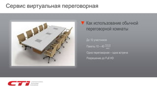 Сервис виртуальная переговорная
▼ Как использование обычной
переговорной комнаты
До 10 участников
Пакеты 10 – 40
часов
мес
Одна переговорная – одна встреча
Разрешение до Full HD
 