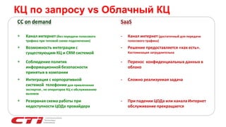 КЦ по запросу vs Облачный КЦ
CC on demand SaaS
+ Канал интернет (без передачи голосового
трафика при типовой схеме подключения)
- Канал интернет (достаточный для передачи
голосового трафика)
+ Возможность интеграции с
существующим КЦ и CRM системой
- Решение предоставляется «как есть».
Кастомизация затруднительна
+ Соблюдение политик
информационной безопасности
принятых в компании
- Перенос конфиденциальных данных в
облако
+ Интеграция с корпоративной
системой телефонии для привлечения
экспертов , не операторов КЦ к обслуживанию
вызовов
- Сложно реализуемая задача
+ Резервная схема работы при
недоступности ЦОДа провайдера
- При падении ЦОДа или канала Интернет
обслуживание прекращается
 