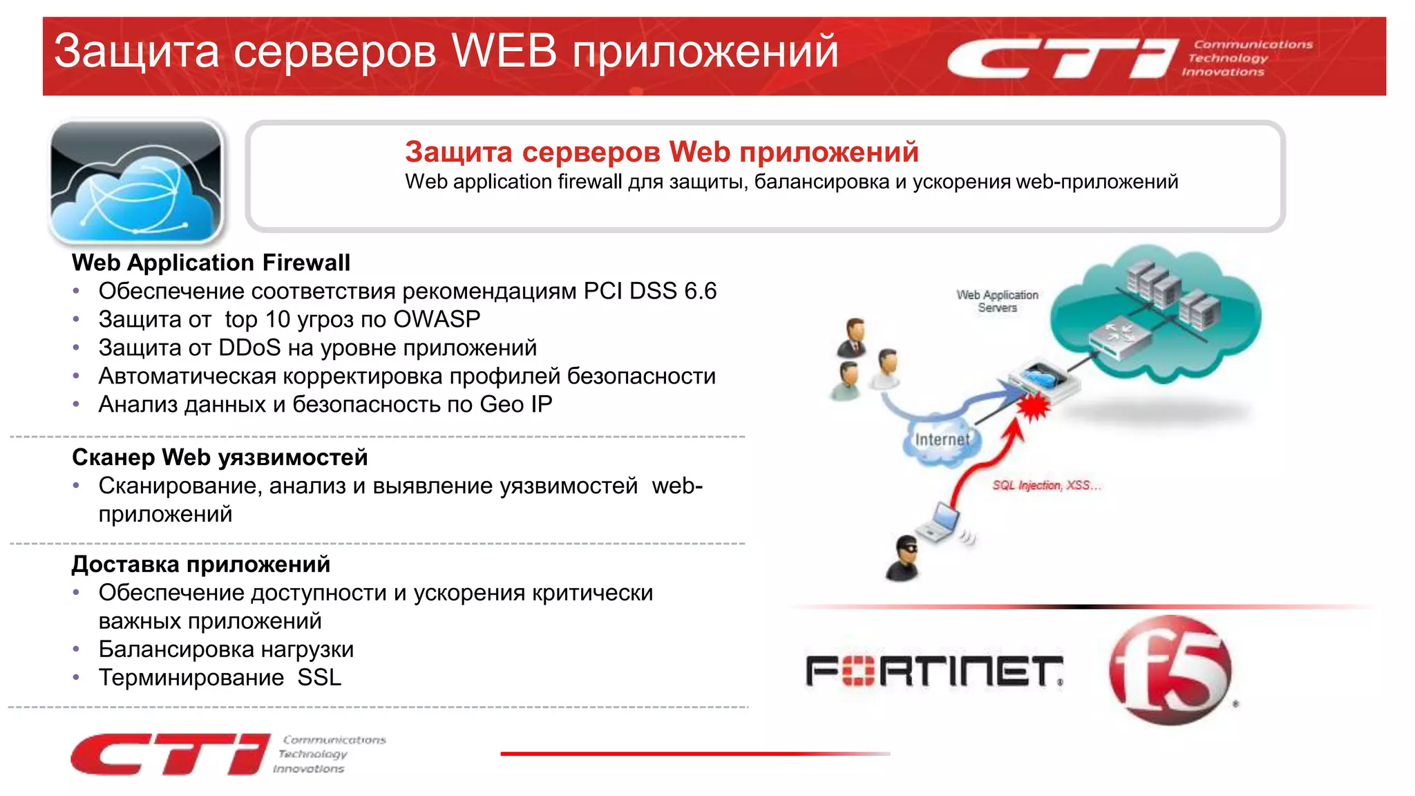 Web Application Firewall
• Обеспечение соответствия рекомендациям PCI DSS 6.6
• Защита от top 10 угроз по OWASP
• Защита от DDoS на уровне приложений
• Автоматическая корректировка профилей безопасности
• Анализ данных и безопасность по Geo IP
Сканер Web уязвимостей
• Сканирование, анализ и выявление уязвимостей web-
приложений
Доставка приложений
• Обеспечение доступности и ускорения критически
важных приложений
• Балансировка нагрузки
• Терминирование SSL
Защита серверов Web приложений
Web application firewall для защиты, балансировка и ускорения web-приложений
Защита серверов WEB приложений
 