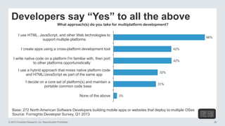© 2013 Forrester Research, Inc. Reproduction Prohibited 26
Developers say “Yes” to all the above
Source: Forrsights Developer Survey, Q1 2013
What approach(s) do you take for multiplatform development?
3%
31%
32%
42%
42%
66%
None of the above
I decide on a core set of platform(s) and maintain a
portable common code base
I use a hybrid approach that mixes native platform code
and HTML/JavaScript as part of the same app
I write native code on a platform I'm familiar with, then port
to other platforms opportunistically
I create apps using a cross-platform development tool
I use HTML, JavaScript, and other Web technologies to
support multiple platforms
Base: 272 North American Software Developers building mobile apps or websites that deploy to multiple OSes
 