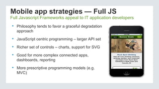 Mobile app strategies — Full JS
• Philosophy tends to favor a graceful degradation
approach
• JavaScript centric programming – larger API set
• Richer set of controls – charts, support for SVG
• Good for more complex connected apps,
dashboards, reporting
• More prescriptive programming models (e.g.
MVC)
Full Javascript Frameworks appeal to IT application developers
 