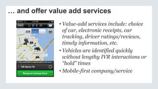 … and offer value add services
• Value-add services include: choice
of car, electronic receipts, car
tracking, driver ratings/reviews,
timely information, etc.
• Vehicles are identified quickly
without lengthy IVR interactions or
“hold” times
• Mobile-first company/service
 