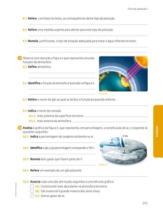 251
Ficha de avaliação 2
Avaliação
8.3	 Refere, com base no texto, as consequências deste tipo de poluição.
8.4	 Refere uma medida urgente para alertar para este tipo de poluição.
8.5	 Nomeia, justificando, o tipo de estação adequada para tratar a água referida no texto.
Observa com atenção a figura 4 que representa uma das
funções da atmosfera.
9.1	 Define atmosfera.
9.2	 Identifica a função da atmosfera ilustrada na figura 4.
9.3	 Refere o nome do gás ao qual se atribui a função da questão anterior.
9.4	 Indica o nome da camada:
9.4.1	 mais próxima da superfície terrestre.
9.4.2	 mais externa da atmosfera.
Analisa o gráfico da figura 5, que representa, em percentagens, a constituição do ar, e responde às
questões seguintes:
10.1	 Indica a percentagem de oxigénio existente no ar.
10.2	 Identificaogáscujapercentagemcorespondea78%.
10.3	 Nomeia dois gases que fazem parte de Y.
10.4	 Refere um exemplo de um gás poluente.
10.5	 Associa cada uma das afirmação seguintes a uma letra do gráfico.
  (A)	 Constituinte mais abundante na atmosfera terrestre.
  (B)	 Gás essencial à grande maioria dos seres vivos.
  (C)	 Outros gases do ar.
9
Figura 4
10
Y 1%
X
21%
Z
78%
Figura 5
CTIC5CP
©
Porto
Editora
CTIC5CP_20153094_P241_274_3PCImg.indd 251 19/02/16 13:01
 