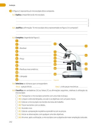 262
Avaliação
A figura 2 representa um microscópio ótico composto.
5.1	 Explica a importância do microscópio.
5.2	 Justifica a afirmação: “O microscópio ótico representado na figura 2 é composto”.
5.3	 Completa a legenda da figura 2.
1 –
2 –
3 – Revólver
4 –
5 –
6 – Pinça
7 –
8 –
9 – Parafuso macrométrico
10 –
11 – Lâmpada
12 –
5.4	 Seleciona os números que correspondem:
5.4.1	 a peças óticas. 5.4.2	 a três peças mecânicas.
5.5	 Classifica em verdadeiras (V) ou falsas (F) as afirmações seguintes, relativas à utilização do
microscópio.
  (A)	Transportar o microscópio somente com uma mão no braço.
  (B)	 Limpar o vidro da lâmpada, a ocular e as objetivas com um pano macio.
  (C)	 Colocar o microscópio nos bordos da mesa de trabalho.
  (D)	Tocar nas lentes com os dedos.
  (E)	 Acender a luz.
  (F)	 Colocar a preparação na platina e prendê-la com as pinças.
  (G)	Iniciar as observações com qualquer uma das objetivas.
  (H)	Arrumar, após a utilização, o microscópio com a objetiva de maior ampliação colocada.
5
Figura 2
1
3
5
6
7
8
11
12
2
4
9
10
CTIC5CP
©
Porto
Editora
CTIC5CP_20153094_P241_274_3PCImg.indd 262 19/02/16 13:01
 