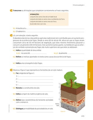 245
Ficha de avaliação 1
Avaliação
Transcreve as afirmações que completam corretamente as frases seguintes:
AFIRMAÇÕES:
conjunto dos seres vivos de um dado local.
conjunto de todos os seres vivos e ambientes da Terra.
conjunto de todos os seres vivos da Terra.
local onde vive o ser vivo.
3.1	 A biosfera é o…
3.2	 O habitat é o…
Lê, com atenção, o texto seguinte:
O abandono das terras e das práticas agrícolas tradicionais tem contribuído para um aumento pro-
gressivo da ocorrência de fogos. Desde os anos 60 do século XX, altura em que os fogos anuais
consumiam cerca de 50 mil hectares de vegetação, que estes mesmos fenómenos passaram a
consumir anualmente 200 mil hectares. Este aumento é preocupante, na medida em que os esfor-
ços de combate e prevenção aos fogos são muito superiores aos que antes se adotavam.
4.1	 Indica a quantidade de área ardida:
4.1.1	 nos anos 60. 4.1.2	 atualmente.
4.2	 Refere os motivos apontados no texto como causas da ocorrência de fogos.
4.3	 Indica uma consequência dos fogos.
Observa a figura 3 que representa os horizontes de um solo maduro.
5.1	 Faz a legenda da figura 3.
1 –
2 –
3 –
4 –
5.2	 Nomeia os constituintes do solo.
5.3	 Indica a origem da matéria orgânica do solo.
5.4	 Refere duas características do horizonte assinalado
com o número 4.
5.5	 Distingue permeabilidade de porosidade de um solo.
3
4
5
Figura 3
Rocha-
-mãe
4
3
2
1
CTIC5CP
©
Porto
Editora
CTIC5CP_20153094_P241_274_3PCImg.indd 245 19/02/16 13:01
 