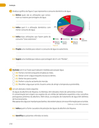250
Avaliação
Analisa o gráfico da figura 3 que representa o consumo doméstico de água.
6.1	 Refere quais são as utilizações que conso-
mem as maiores percentagens de água.
6.2	 Indica qual é a utilização doméstica com
menor consumo de água.
6.3	 Indica duas utilizações que fazem parte do
consumo “Usos exteriores”.
6.4	 Propõe uma medida para reduzir o consumo de água no autoclismo.
6.5	 Sugere uma medida que reduza a percentagem de 4% em “Perdas”.
Assinala com X as frases que traduzem medidas para poupar água.
  (A)	Fechar a torneira enquanto ensaboa as mãos.
  (B)	 Deixar correr a água enquanto escova os dentes.
  (C)	 Deitar lixo para a sanita.
  (D)	Preferir o duche ao banho de imersão.
  (E)	 Recolher a água que sai do chuveiro antes de atingir a temperatura pretendida.
Lê com atenção o texto seguinte:
As águas da albufeira de Alqueva, no Alentejo, têm elevados níveis de salmonelas e toxinas.
A contaminação tem origem nos esgotos de um milhão de habitantes espanhóis e dos concelhos
portugueses próximos da albufeira. Além disso, as estações de tratamento de água têm defeitos
de funcionamento.
Masapesardeaáguaserimprópriaparabanhos,nãoexistemplacascomessainformaçãoparaosturistas.
Publico.pt, 24-06-2006 (adaptado)
8.1	 Indica qual é a fonte causadora de poluição das águas da albufeira de Alqueva.
8.2	 Identifica os poluentes referidos no texto.
6
Duches,
banhos
Autoclismos Torneiras Usos
exteriores
Máquina
da roupa
Perdas
Máquina
da louça
8%
2%
4%
32%
28%
16%
10%
Figura 3
7
8 CTIC5CP
©
Porto
Editora
CTIC5CP_20153094_P241_274_3PCImg.indd 250 19/02/16 13:01
 