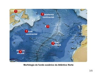 Continente
?
Plataforma
continental
?
Talude
continental
?
Rifte
?
Dorsal
oceânica
?
Planície
abissal
?
3/8
Morfologia do fundo oceânico do Atlântico Norte
 
