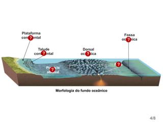Plataforma
continental
?
Talude
continental
?
Rifte
?
Dorsal
oceânica
?
Planície
abissal
?
4/8
Morfologia do fundo oceânico
Fossa
oceânica
?
 