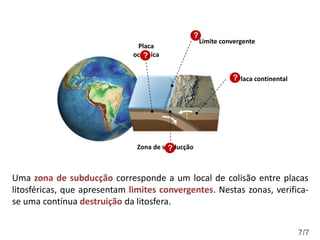 Uma zona de subducção corresponde a um local de colisão entre placas
litosféricas, que apresentam limites convergentes. Nestas zonas, verifica-
se uma contínua destruição da litosfera.
Placa
oceânica
Zona de subducção
?
?
Placa continental
?
Limite convergente
?
7/7
 