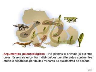 Argumentos paleontológicos - Há plantas e animais já extintos
cujos fósseis se encontram distribuídos por diferentes continentes
atuais e separados por muitos milhares de quilómetros de oceano.
2/5
 