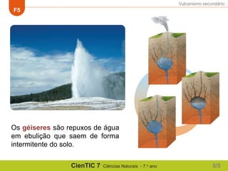 Vulcanismo secundário
F5
CienTIC 7 Ciências Naturais - 7.o ano
Os géiseres são repuxos de água
em ebulição que saem de forma
intermitente do solo.
5/5
 