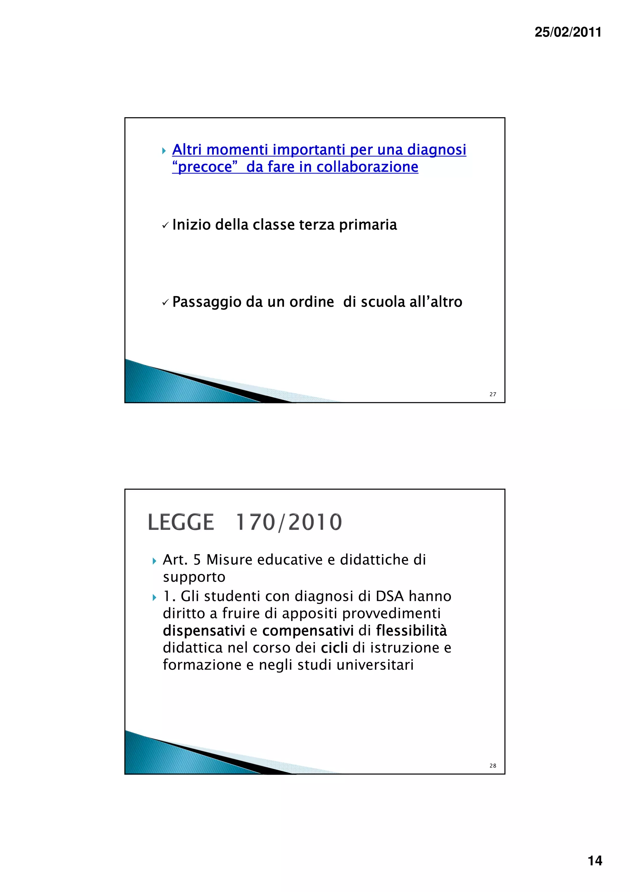 25/02/2011




 Altri momenti importanti per una diagnosi
 “precoce” da fare in collaborazione



 Inizio della classe terza primaria




 Passaggio da un ordine di scuola all’altro




                                                27




Art. 5 Misure educative e didattiche di
supporto
1. Gli studenti con diagnosi di DSA hanno
diritto a fruire di appositi provvedimenti
dispensativi e compensativi di flessibilità
didattica nel corso dei cicli di istruzione e
formazione e negli studi universitari




                                                28




                                                            14
 
