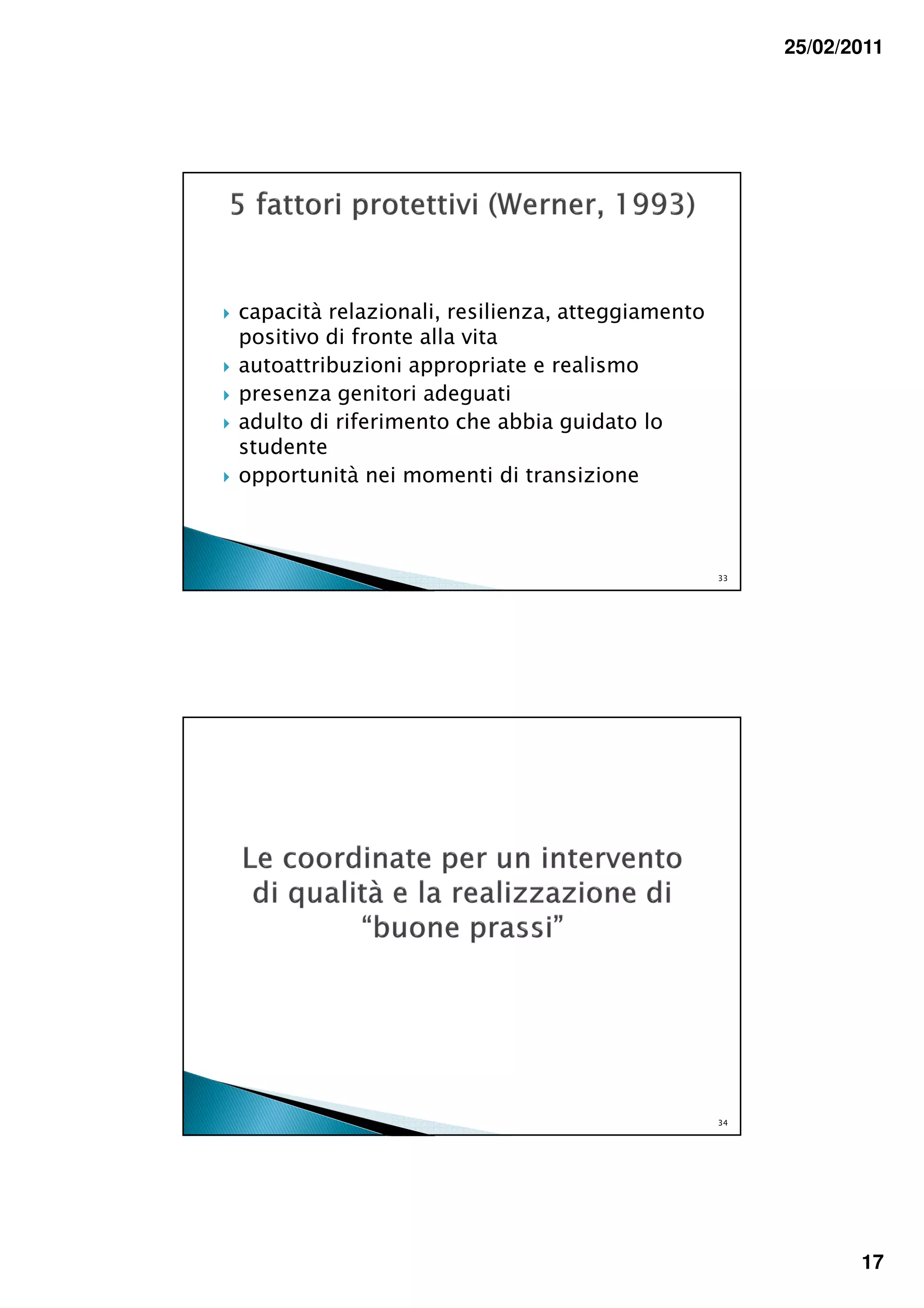 25/02/2011




capacità relazionali, resilienza, atteggiamento
positivo di fronte alla vita
autoattribuzioni appropriate e realismo
presenza genitori adeguati
adulto di riferimento che abbia guidato lo
studente
opportunità nei momenti di transizione



                                                  33




                                                  34




                                                              17
 