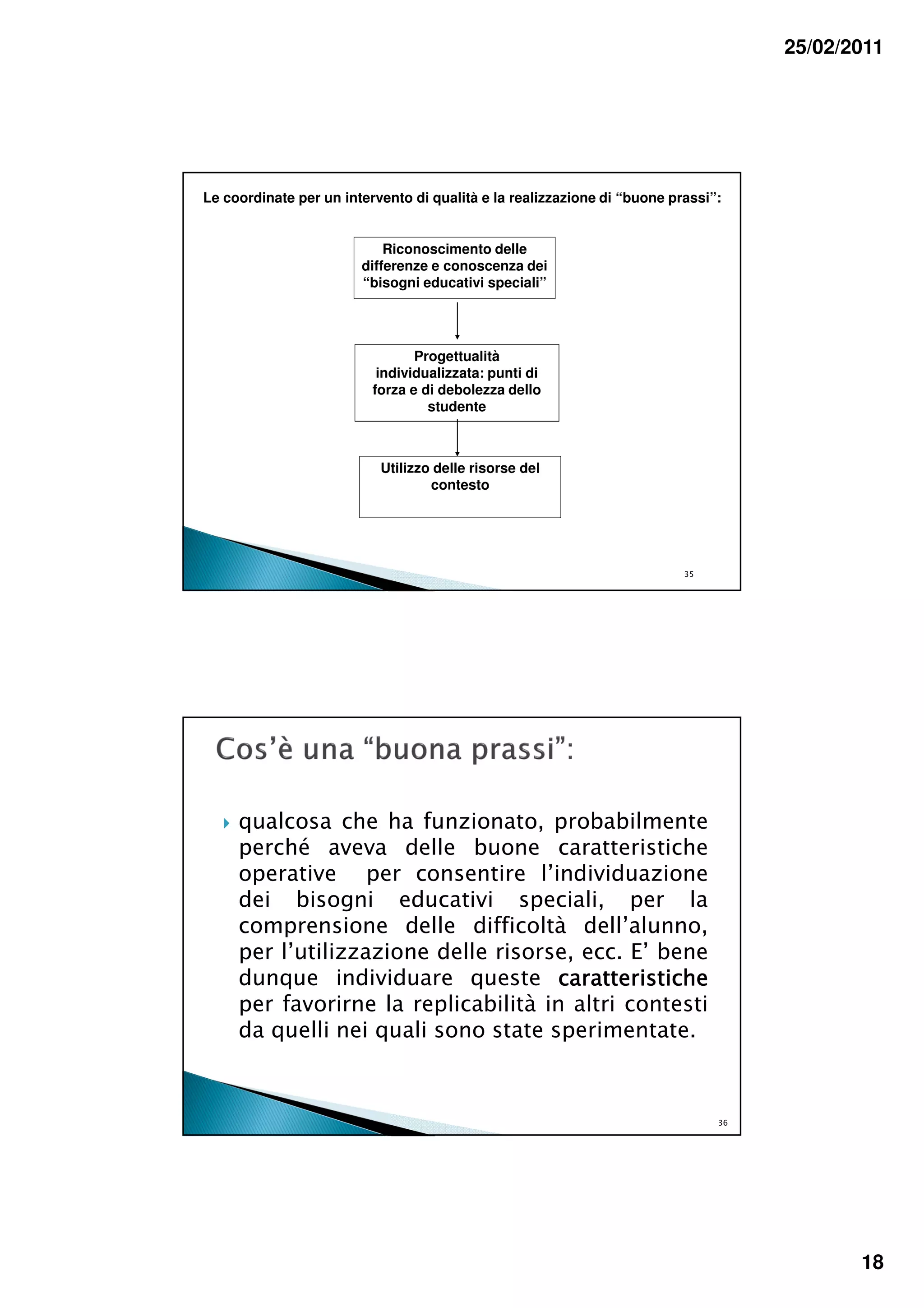25/02/2011




Le coordinate per un intervento di qualità e la realizzazione di “buone prassi”:


                            Riconoscimento delle
                        differenze e conoscenza dei
                        “bisogni educativi speciali”




                                 Progettualità
                           individualizzata: punti di
                          forza e di debolezza dello
                                   studente



                           Utilizzo delle risorse del
                                   contesto




                                                                          35




     qualcosa che ha funzionato, probabilmente
     perché aveva delle buone caratteristiche
     operative per consentire l’individuazione
     dei bisogni educativi speciali, per la
     comprensione delle difficoltà dell’alunno,
     per l’utilizzazione delle risorse, ecc. E’ bene
     dunque individuare queste caratteristiche
     per favorirne la replicabilità in altri contesti
     da quelli nei quali sono state sperimentate.



                                                                               36




                                                                                           18
 