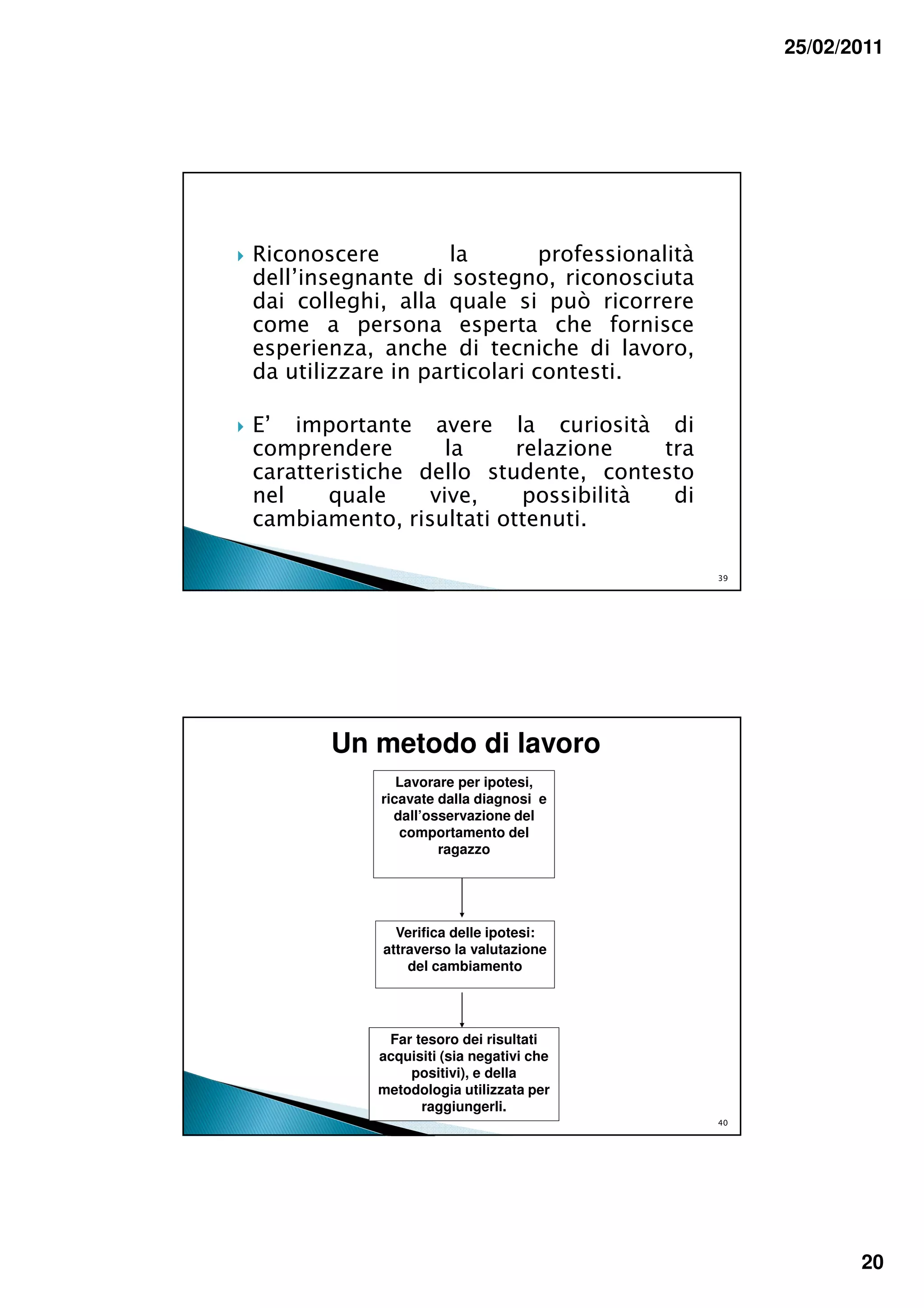 25/02/2011




Riconoscere         la        professionalità
dell’insegnante di sostegno, riconosciuta
dai colleghi, alla quale si può ricorrere
come a persona esperta che fornisce
esperienza, anche di tecniche di lavoro,
da utilizzare in particolari contesti.

E’ importante avere la curiosità di
comprendere        la    relazione    tra
caratteristiche dello studente, contesto
nel    quale     vive,    possibilità  di
cambiamento, risultati ottenuti.

                                                39




        Un metodo di lavoro
                Lavorare per ipotesi,
             ricavate dalla diagnosi e
               dall’osservazione del
                comportamento del
                      ragazzo




               Verifica delle ipotesi:
             attraverso la valutazione
                 del cambiamento




             Far tesoro dei risultati
            acquisiti (sia negativi che
                positivi), e della
            metodologia utilizzata per
                  raggiungerli.
                                                40




                                                            20
 