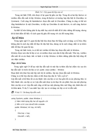 Ngôn Ngữ Lập Trình C#
124
Kế Thừa – Đa Hình
Hình 5.4: Cây quan hệ lớp cửa sổ
Trong mô hình UML trên được vẽ lại quan hệ giữa các lớp. Trong đó cả hai lớp Button và
ListBox điều dẫn xuất từ lớp Window, trong đó Button có trường hợp đặc biệt là CheckBox và
Command. Cuối cùng thì RadioButton được dẫn xuất từ CheckBox. Chúng ta cũng có thể nói
rằng RadioButton là một CheckBox, và tiếp tục CheckBox là một Button, và cuối cùng Button
là Window.
Sự thiết kế trên không phải là duy nhất hay cách tốt nhất để tổ chức những đối tượng, nhưng
đó là khởi điểm để hiểu về cách quan hệ giữa đối tượng với các đối tượng khác.
Sự kế thừa
Trong ngôn ngữ C#, quan hệ đặc biệt hóa được thực thi bằng cách sử dụng sự kế thừa. Đây
không phải là cách duy nhất để thực thi đặc biệt hóa, nhưng nó là cách chung nhất và tự nhiên
nhất để thực thi quan hệ này.
Trong mô hình trước, ta có thể nói ListBox kế thừa hay được dẫn xuất từ Window.
Window được xem như là lớp cơ sở, và ListBox được xem như là lớp dẫn xuất. Như vậy, ListBox
dẫn xuất tất cả các thuộc tính và hành vi từ lớp Window và thêm những phần đặc biệt riêng để
xác nhận ListBox.
Thực thi kế thừa
Trong ngôn ngữ C# để tạo một lớp dẫn xuất từ một lớp ta thêm dấu hai chấm vào sau tên
lớp dẫn xuất và trước tên lớp cơ sở: public class ListBox : Window
Đoạn lệnh trên khai báo một lớp mới tên là ListBox, lớp này được dẫn xuất từ Window.
Chúng ta có thể đọc dấu hai chấm có thể được đọc như là “dẫn xuất từ”.
Lớp dẫn xuất sẽ kế thừa tất cả các thành viên của lớp cơ sở, bao gồm tất cả các phương thức và
biến thành viên của lớp cơ sở. Lớp dẫn xuất được tự do thực thi các phiên bản của một phương
thức của lớp cơ sở. Lớp dẫn xuất cũng có thể tạo một phương thức mới bằng việc đánh dấu với
từ khóa new. Ví dụ 5.1 sau minh họa việc tạo và sử dụng các lớp cơ sở và dẫn xuất.
 Ví dụ 5.1: Sử dụng lớp dẫn xuất.
----------------------------------------------------------------------------
using System; public class Window {
// Hàm khởi dựng lấy hai số nguyên chỉ
// đến vị trí của cửa sổ trên console
public Window( int top, int left)
{
this.top = top;
this.left = left;
}
 