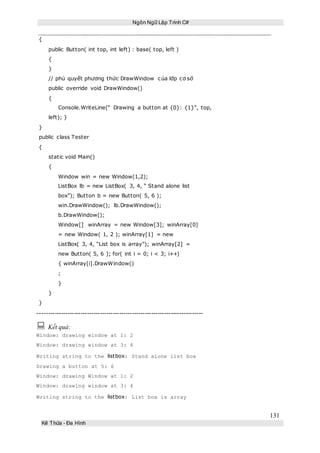 Ngôn Ngữ Lập Trình C#
131
Kế Thừa – Đa Hình
{
public Button( int top, int left) : base( top, left )
{
}
// phủ quyết phương thức DrawWindow của lớp cơ sở
public override void DrawWindow()
{
Console.WriteLine(“ Drawing a button at {0}: {1}”, top,
left); }
}
public class Tester
{
static void Main()
{
Window win = new Window(1,2);
ListBox lb = new ListBox( 3, 4, “ Stand alone list
box”); Button b = new Button( 5, 6 );
win.DrawWindow(); lb.DrawWindow();
b.DrawWindow();
Window[] winArray = new Window[3]; winArray[0]
= new Window( 1, 2 ); winArray[1] = new
ListBox( 3, 4, “List box is array”); winArray[2] =
new Button( 5, 6 ); for( int i = 0; i < 3; i++)
{ winArray[i].DrawWindow()
;
}
}
}
-----------------------------------------------------------------------------
 Kết quả:
Window: drawing window at 1: 2
Window: drawing window at 3: 4
Writing string to the listbox: Stand alone list box
Drawing a button at 5: 6
Window: drawing Window at 1: 2
Window: drawing window at 3: 4
Writing string to the listbox: List box is array
 