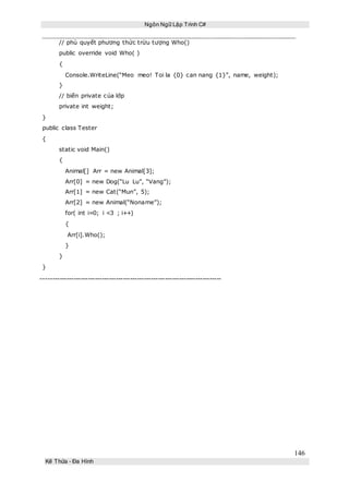 Ngôn Ngữ Lập Trình C#
146
Kế Thừa – Đa Hình
// phủ quyết phương thức trừu tượng Who()
public override void Who( )
{
Console.WriteLine(“Meo meo! Toi la {0} can nang {1}”, name, weight);
}
// biến private của lớp
private int weight;
}
public class Tester
{
static void Main()
{
Animal[] Arr = new Animal[3];
Arr[0] = new Dog(“Lu Lu”, “Vang”);
Arr[1] = new Cat(“Mun”, 5);
Arr[2] = new Animal(“Noname”);
for( int i=0; i <3 ; i++)
{
Arr[i].Who();
}
}
}
-----------------------------------------------------------------------------
 