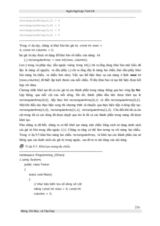 Ngôn Ngữ Lập Trình C#
216
Mảng, Chỉ Mục, và Tập Hợp
rectangularArray[2,2] = 4
rectangularArray[3,0] = 3
rectangularArray[3,1] = 4
rectangularArray[3,2] = 5
----------------------------------------------------------------------------
Trong ví dụ này, chúng ta khai báo hai giá trị: const int rows =
4; const int columns = 3;
hai giá trị này được sử dụng để khai báo số chiều của mảng: int
[,] rectangularArray = new int[rows, columns];
Lưu ý trong cú pháp này, dấu ngoặc vuông trong int[,] chỉ ra rằng đang khai báo một kiểu dữ
liệu là mảng số nguyên, và dấu phẩy (,) chỉ ra rằng đây là mảng hai chiều (hai dấu phẩy khai
báo mảng ba chiều, và nhiều hơn nữa). Việc tạo thể hiện thực sự của mảng ở lệnh new int
[rows,columns] để thiết lập kích thước của mỗi chiều. Ở đây khai báo và tạo thể hiện được kết
hợp với nhau.
Chương trình khởi tạo tất cả các giá trị các thành phần trong mảng thông qua hai vòng lặp for.
Lặp thông qua mỗi cột của mỗi dòng. Do đó, thành phần đầu tiên được khởi tạo là
rectangularArray[0,0], tiếp theo bởi rectangularArray[0,1] và đến rectangularArray[0,2].
Một khi điều này thực hiện xong thì chương trình sẽ chuyển qua thực hiện tiếp ở dòng tiếp tục:
rectangularArray[1,0], rectangularArray[1,1], rectangularArray[1,2]. Cho đến khi tất cả các
cột trong tất cả các dòng đã được duyệt qua tức là tất cả các thành phần trong mảng đã được
khởi tạo.
Như chúng ta đã biết, chúng ta có thể khởi tạo mảng một chiều bằng cách sử dụng danh sách
các giá trị bên trong dấu ngoặc ({}). Chúng ta cũng có thể làm tương tự với mảng hai chiều.
Trong ví dụ 9.5 khai báo mảng hai chiều rectangularArray, và khởi tạo các thành phần của nó
thông qua các danh sách các giá trị trong ngoặc, sau đó in ra nội dung của nội dung.
 Ví dụ 9.5: Khởi tạo mảng đa chiều.
-----------------------------------------------------------------------------
namespace Programming_CSharp
{ using System;
public class Tester
{
static void Main()
{
// khai báo biến lưu số dòng số cột
mảng const int rows = 4; const int
columns = 3;
 