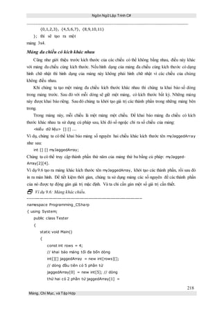 Ngôn Ngữ Lập Trình C#
218
Mảng, Chỉ Mục, và Tập Hợp
{0,1,2,3}, {4,5,6,7}, {8,9,10,11}
}; thì sẽ tạo ra một
mảng 3x4.
Mảng đa chiều có kích khác nhau
Cũng như giới thiệu trước kích thước của các chiều có thể không bằng nhau, điều này khác
với mảng đa chiều cùng kích thước. Nếu hình dạng của mảng đa chiều cùng kích thước có dạng
hình chữ nhật thì hình dạng của mảng này không phải hình chữ nhật vì các chiều của chúng
không điều nhau.
Khi chúng ta tạo một mảng đa chiều kích thước khác nhau thì chúng ta khai báo số dòng
trong mảng trước. Sau đó với mỗi dòng sẽ giữ một mảng, có kích thước bất kỳ. Những mảng
này được khai báo riêng. Sau đó chúng ta khởi tạo giá trị các thành phần trong những mảng bên
trong.
Trong mảng này, mỗi chiều là một mảng một chiều. Để khai báo mảng đa chiều có kích
thước khác nhau ta sử dụng cú pháp sau, khi đó số ngoặc chỉ ra số chiều của mảng:
<kiểu dữ liệu> [] [] ...
Ví dụ, chúng ta có thể khai báo mảng số nguyên hai chiều khác kích thước tên myJaggedArray
như sau:
int [] [] myJaggedArray;
Chúng ta có thể truy cập thành phần thứ năm của mảng thứ ba bằng cú pháp: myJagged-
Array[2][4].
Ví dụ 9.6 tạo ra mảng khác kích thước tên myJaggedArray, khởi tạo các thành phần, rồi sau đó
in ra màn hình. Để tiết kiệm thời gian, chúng ta sử dụng mảng các số nguyên để các thành phần
của nó được tự động gán giá trị mặc định. Và ta chỉ cần gán một số giá trị cần thiết.
 Ví dụ 9.6: Mảng khác chiều.
-----------------------------------------------------------------------------
namespace Programming_CSharp
{ using System;
public class Tester
{
static void Main()
{
const int rows = 4;
// khai báo mảng tối đa bốn dòng
int[][] jaggedArray = new int[rows][];
// dòng đầu tiên có 5 phần tử
jaggedArray[0] = new int[5]; // dòng
thứ hai có 2 phần tử jaggedArray[1] =
 