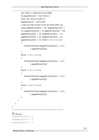 Ngôn Ngữ Lập Trình C#
219
Mảng, Chỉ Mục, và Tập Hợp
new int[2]; // dòng thứ ba có 3 phần
tử jaggedArray[2] = new int[3]; //
dòng cuối cùng có 5 phần tử
jaggedArray[3] = new int[5];
// khởi tạo một vài giá trị cho các thành phần của
mảng jaggedArray[0][3] = 15; jaggedArray[1][1] =
12; jaggedArray[2][1] = 9; jaggedArray[2][2] = 99;
jaggedArray[3][0] = 10; jaggedArray[3][1] = 11;
jaggedArray[3][2] = 12; jaggedArray[3][3] = 13;
jaggedArray[3][4] = 14; for(int i = 0; i < 5; i++)
{
Console.WriteLine(“jaggedArray[0][{0}] = {1}”,
i, jaggedArray[0][i]);
}
for(int i = 0; i < 2; i++)
{
Console.WriteLine(“jaggedArray[1][{0}] = {1}”,
i, jaggedArray[1][i]);
}
for(int i = 0; i < 3; i++)
{
Console.WriteLine(“jaggedArray[2][{0}] = {1}”,
i, jaggedArray[2][i]);
}
for(int i = 0; i < 5; i++)
{
Console.WriteLine(“jaggedArray[3][{0}] = {1}”,
i, jaggedArray[3][i]);
}
}
}
}
-----------------------------------------------------------------------------
 Kết quả:
jaggedArray[0][0] = 0
jaggedArray[0][1] = 0
jaggedArray[0][2] = 0
 